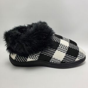 Fuzzy Black White Plaid Cozy Slip On Warm Comfy Fur House Slippers Size 7-8